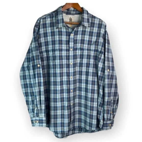 GH BASS Mens Plaid Utility Shirt Blue Adjustable Long Sleeve Size XL - Picture 2 of 11